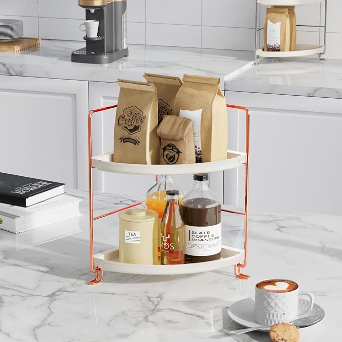 FSyueyun 2-Tier Corner Bathroom Counter Organizer, Tool-Less Installation Vanity Shelf Small Plastics Countertop Makeup Tray Skincare Perfume Organizers (Rose Gold)-NeatNest