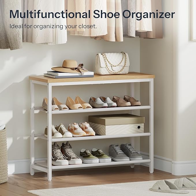 HOOBRO Shoe Rack with 3 PU Shelves, 4-Tier Shoe Storage Organizer for Closet and Entryway, Holds 9-12 Pairs of Shoes, Sturdy Metal Frame, Small Spaces, White and Natural WN94XJ01-NeatNest