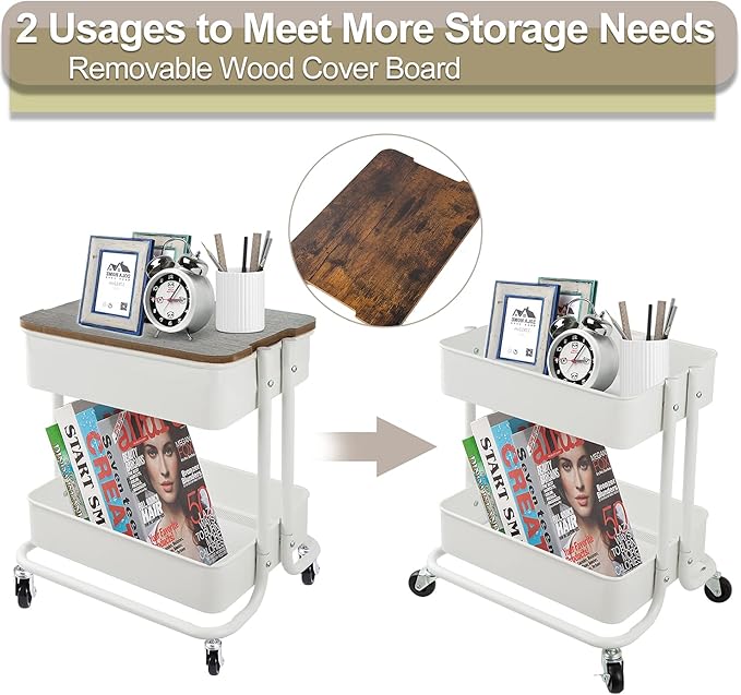Melody House 2 Tier Metal Utility Rolling Cart Storage Organizer with Cover Board, Mobile Trolley Sofa Side Table with Wheels for Office Home Kitchen Organization, White