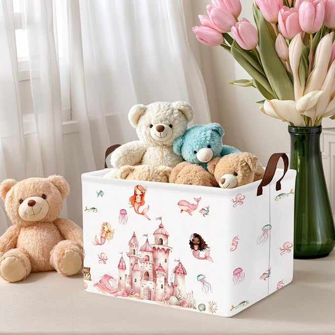 Cute Rectangle Baby Girl Gift Basket Toy Storage Bin Nursery Playroom Bedroom Decor (Pink Castle)-NeatNest