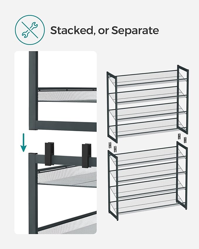 SONGMICS Shoe Rack, 8-Tier Shoe Organizer, Metal Rack for Garage, Set of 2, 4-Tier Stackable Shelf, with Adjustable Flat or Angled Shelves, 32-40 Pairs, Charcoal Gray ULMR08GB-NeatNest