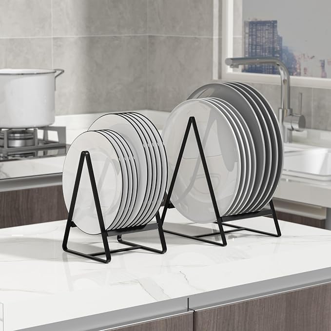 2 Large 1 Small Triangle Plate Holders Organizers Upright Cabinet Dish Drying Racks Metal Plate Dish Organizers Racks Stands for Countertop and Cupboard Black