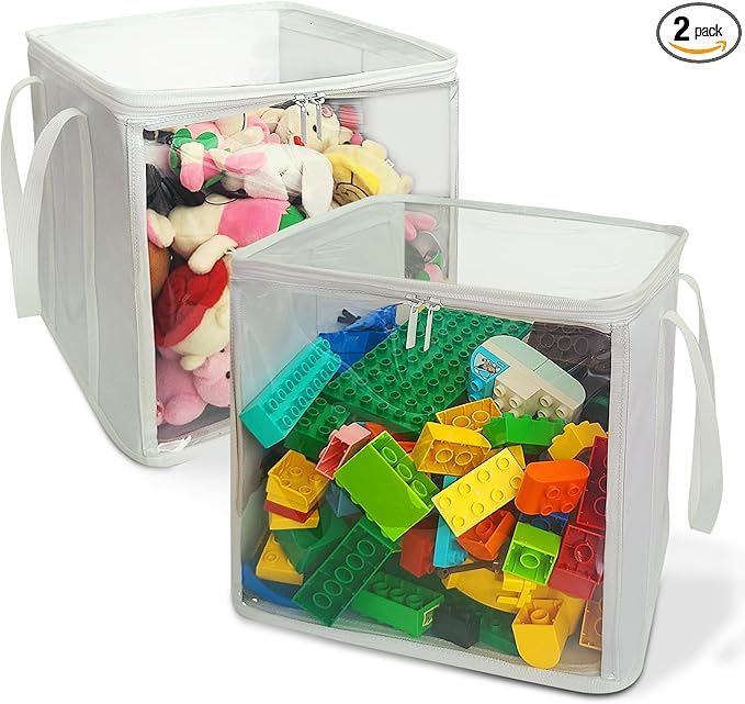 holay 2 Pack Storage Bins PVC Boxes with Transparent Lid & Handles - Durable & Foldable - Multi-Purpose Organizer for Clothes, Books, and More (White, Large)-NeatNest