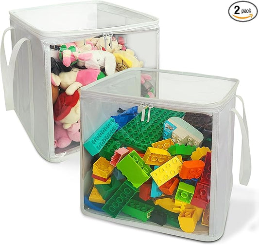 holay 2 Pack Storage Bins PVC Boxes with Transparent Lid & Handles - Durable & Foldable - Multi-Purpose Organizer for Clothes, Books, and More (White, Large)-NeatNest