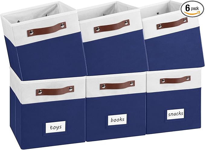 6-Pack Collapsible Fabric Storage Cubes with Handles & Label Holders, Closet Cube Home Organizer Bins (White/Navy Blue, 10.5 * 10.5 * 11 inch)