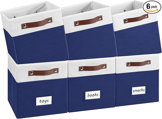 6-Pack Collapsible Fabric Storage Cubes with Handles & Label Holders, Closet Cube Home Organizer Bins (White/Navy Blue, 10.5 * 10.5 * 11 inch)
