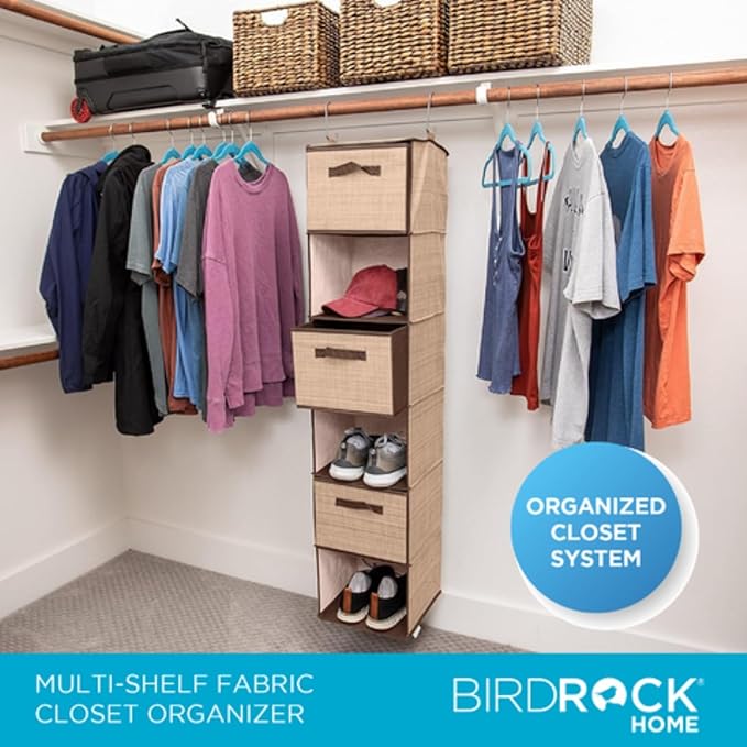 Internet's Best Hanging Closet Organizer with 3 Drawers - 6 Shelf Fabric Storage Organizer for Clothes, Sweaters, Shoes, Accessories - College Dorm Essentials, Small Room Dresser for Kids - Beige-NeatNest