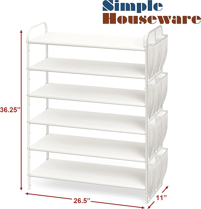 Simple Houseware 6-Tier Shoe Rack Storage Organizer w/Side Hanging Bag, White-NeatNest