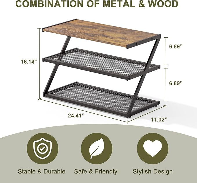 Z-Frame Shoe Rack with Wooden Top & Metal Mesh Shelves - Space-Saving Storage for Hallway, Living Room, Closet & Bedroom (24.41" x 11.02" x 16.14")-NeatNest
