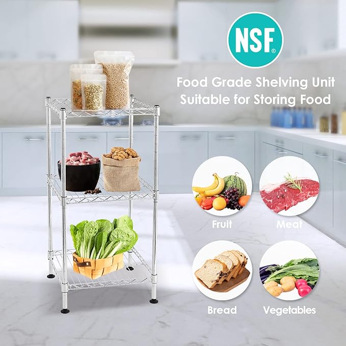 BNSPLY 3-Tier Adjustable Shelving Unit, Metal Wire Rack with NSF Certified, Leveling Feet, Standing Storage Shelf for Laundry, Bathroom, Kitchen, Pantry, Closet, Chrome-NeatNest