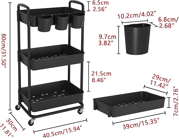 JIUYOTREE 3-Tier Plastic Rolling Storage Cart Utility Cart with Extra Hanging Cups Handles Lockable Wheels for Living Room Bathroom Kitchen Office Black-NeatNest