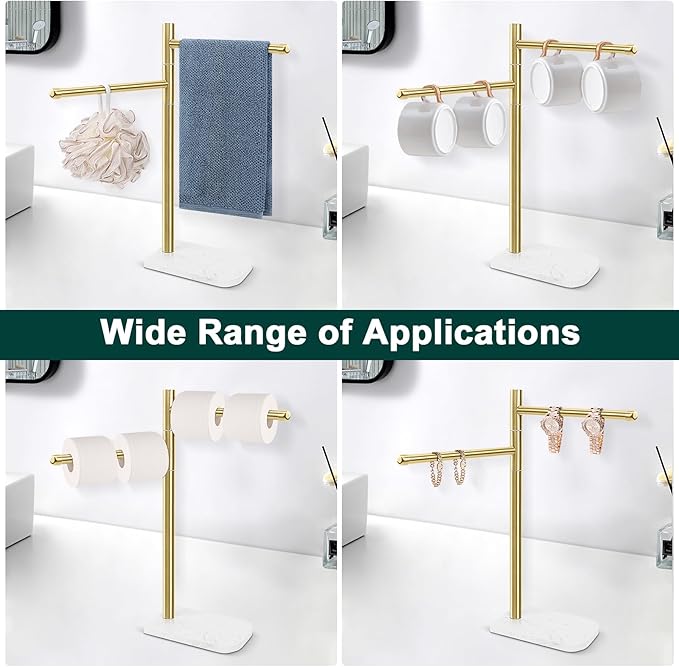 Hand Towel Holder, F-Shape Hand Towel Stand with Marble Base, Stainless Steel Swivel Hand Towel Rack Bar Standing for Bathroom Kitchen Countertop, 2 Arms (Gold)