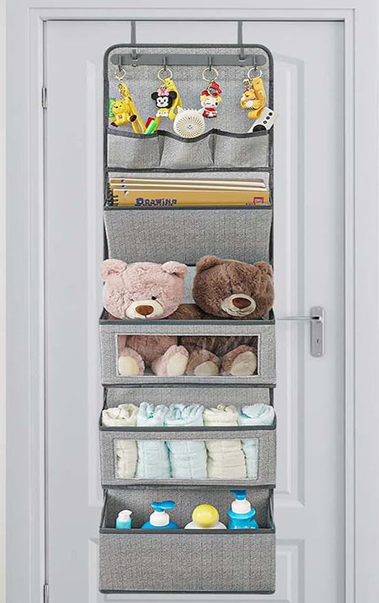 VICTORICH All-IN-ONE Over the Door Organizer, Super Behind the Door Storage Organizer with Door Rack and Large Clear Windows, Wall File Organizer, Hanging Organizer (New Herringbone Gray)