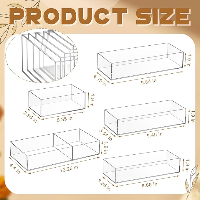 5 Pack Acrylic Desk Drawer Organizer, Makeup Drawer Organizer Trays, Storage Bins for Makeup, Jewelry, Gadgets for Kitchen, Bedroom, Bathroom, Office
