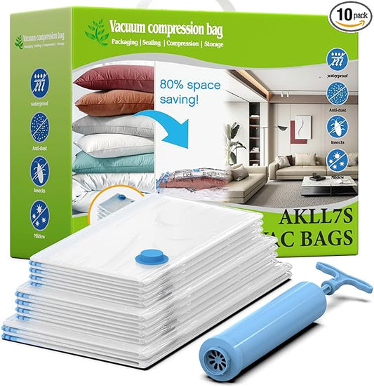 AKLL7S Vacuum Storage Bags, 10 Pack Space Saver Bags (2 Jumbo/4 Large/4 Medium) Vacuum Seal Bags for Clothing, Comforters, Blankets, Travel(Hand Pump Included)-NeatNest