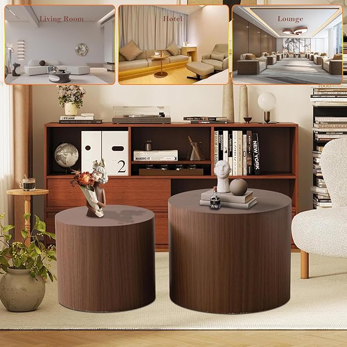 Stylish Nesting Coffee Table Set of 2, Elegant Chic Round Wooden Center Table - Smooth Finish & Easy to Clean, No Assemble Needed (G)