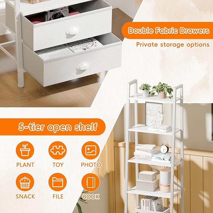 Furologee 5-Tier Ladder Shelf with 2 Drawers,Narrow Bookshelf Storage Shelves,Industrial Bookcase Freestanding Rack Units for Bedroom,Living Room,Bathroom,Home Office,Balcony,Wood Metal, White