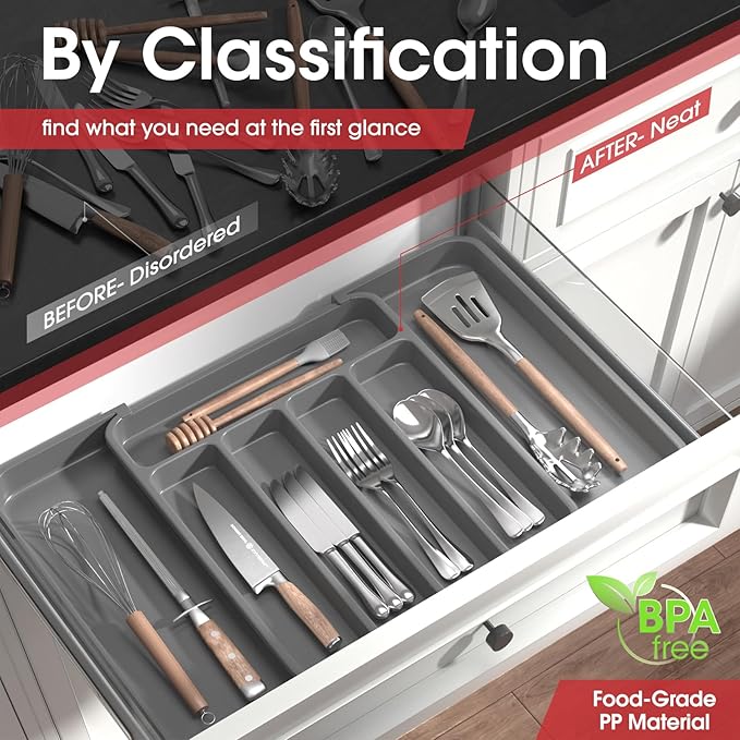 Aujen Silverware Organizer - Expandable Kitchen Drawer Organizer, Adjustable Utensil Organizer, Cutlery Tray for Forks, Knives, Multipurpose Kitchen Organizers and Storage Solution, Grey, Medium-NeatNest