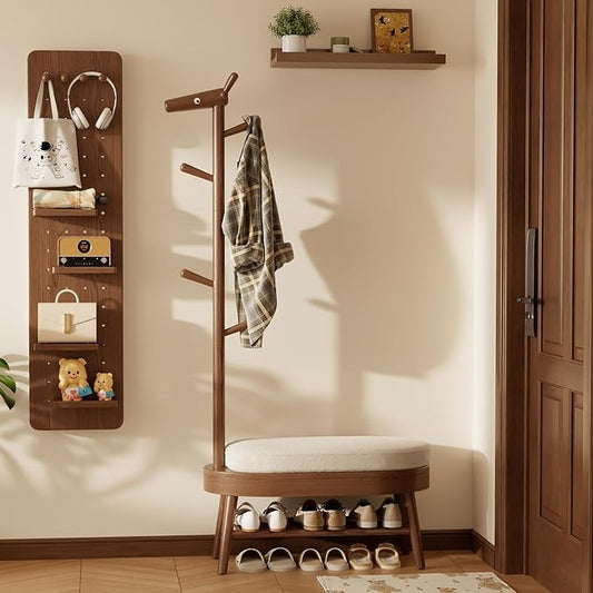 Shoe Bench Entryway,Coat Rack with Shoe Storage, Coat Rack and Shoe Rack, Wooden Narrow Shoe Bench（Walnut）