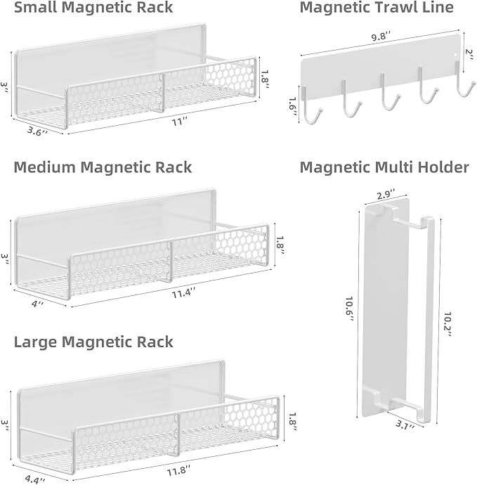 5 Pack Heavy Duty Magnetic Shelves for Laundry Room Organization, Magnetic Shelf for Washer & Dryer, Fridge Storage - Rustproof Magnetic Spice Rack, Towel Hanger & Clothes Holder (White)