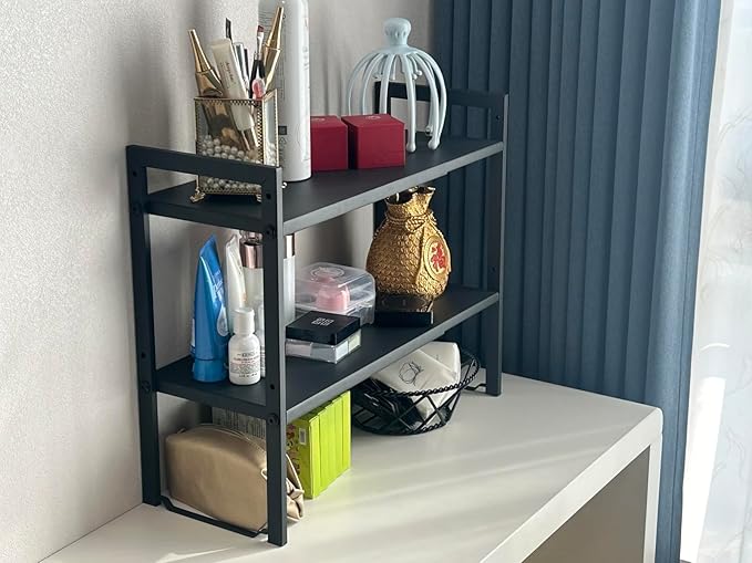 2 Tier Expandable Cabinet Shelf Organizer 14.5-25" L Kitchen Counter Shelf Rack Stand Sink Riser Countertop Storage Black (Normal 7.9”D)-NeatNest