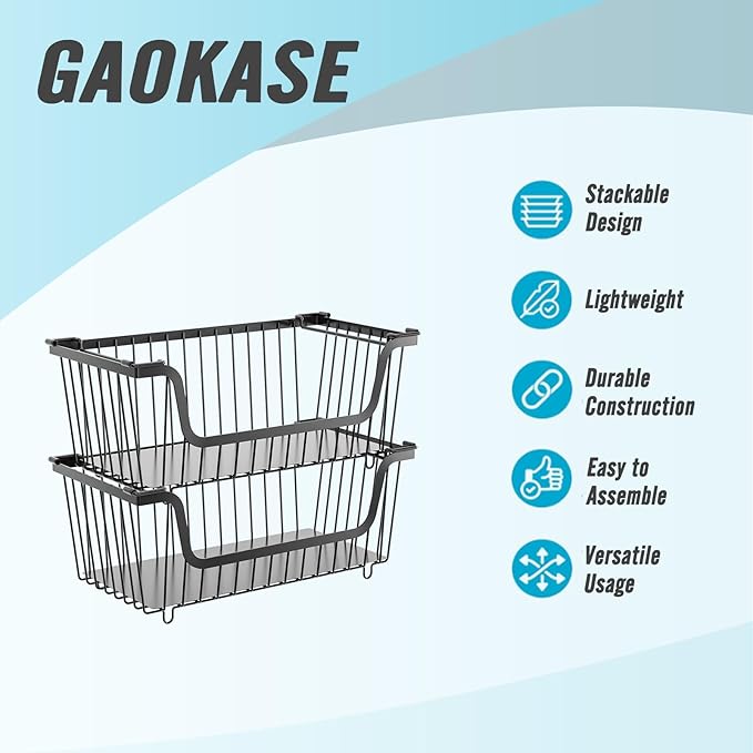 4 Pcs Stackable Wire Baskets for Pantry Organizers and Storage,Vegetable Fruit Basket for Countertop,Kitchen Storage Metal Baskets,Produce Potato Onion Storage Bin,Black