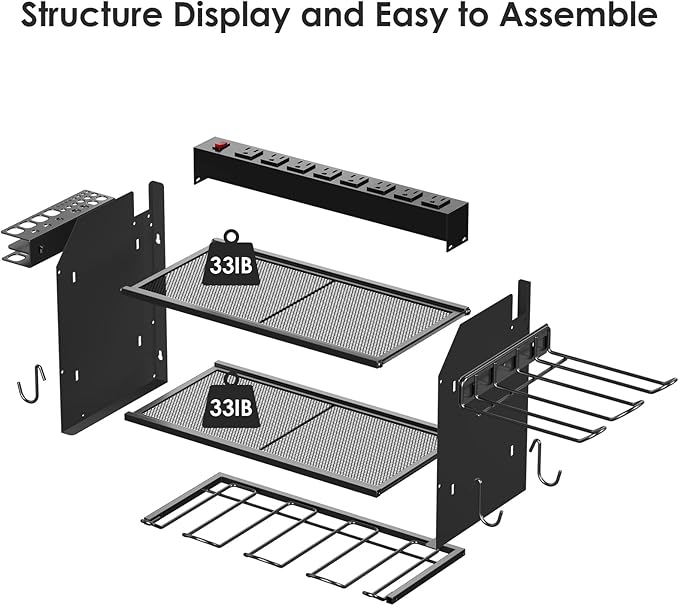 CCCEI Modular Power Tool Organizer Wall Mount Charging Station, Black 6 Drills Holder with 8 Plug Power Strip, Garage Drill Battery Heavy Duty Metal Shelf, Utility Rack with Hooks, Side Storage.-NeatNest