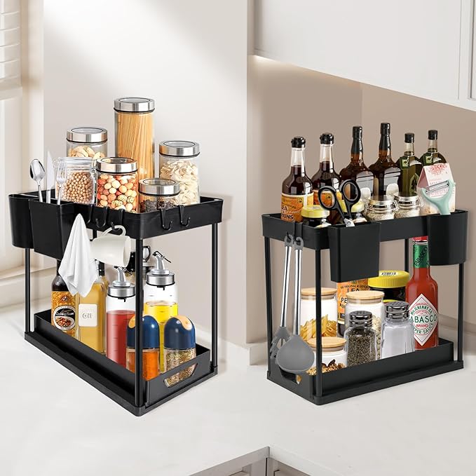 Under Sink Organizers Rack, 2 Tier Under Kitchen Organizer with Sliding Basket and Hooks, Multi-Purpose Bathroom Cabinet Organizers (Black)-NeatNest