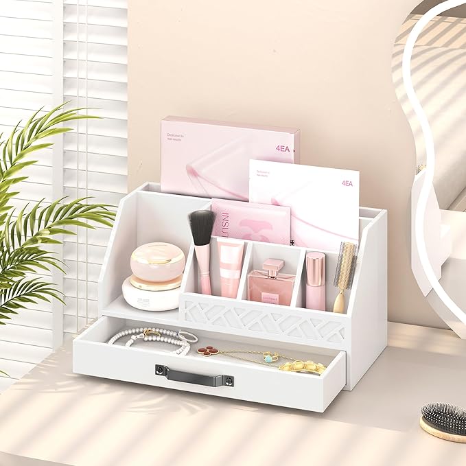Bamboo Desk Organizer with Drawers, Mail Organizer Countertop Wood Desk Drawer Tabletop Storage Organization Pen Holder Letter Sorter Makeup Organizer for School Home Office (White)-NeatNest