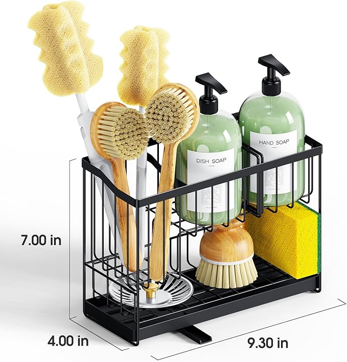 2 Tier Sponge Holder for Kitchen Sink Caddy with High Brush Holder, Kitchen Countertop Organizer and Storage Essential, Soap Dispenser Organize with Drain Tray-NeatNest