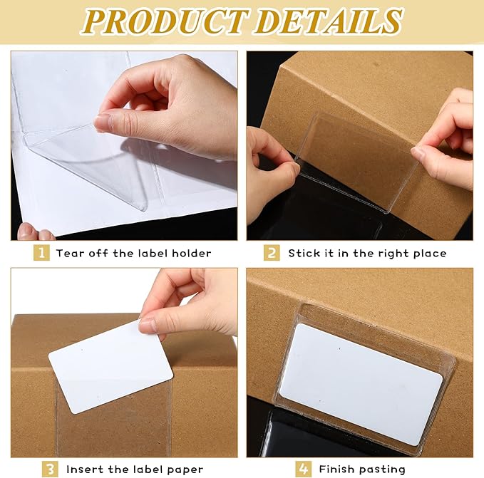 Jeyiour 100 Pcs Label Holders Adhesive Nameplate Pockets Storage Bin Labels Index Card Holder Shelf Plastic Peel Stick for Classroom Supermarket Bookshelf Library Student Box Drawer (3.6 x 2.9 Inch)