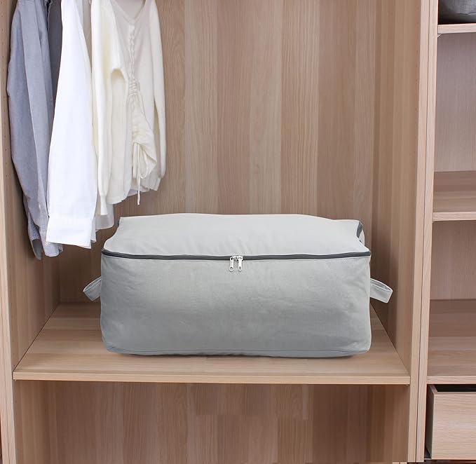 2PCS Durable Cotton Canvas, Soft Space Save Storage Bag Wardrobe Organizer with Handle & Zipper for Beddings, Comforters, Pillows, Blankets, Clothes, 25.6×18.5×8.7inch, Light Gray-NeatNest