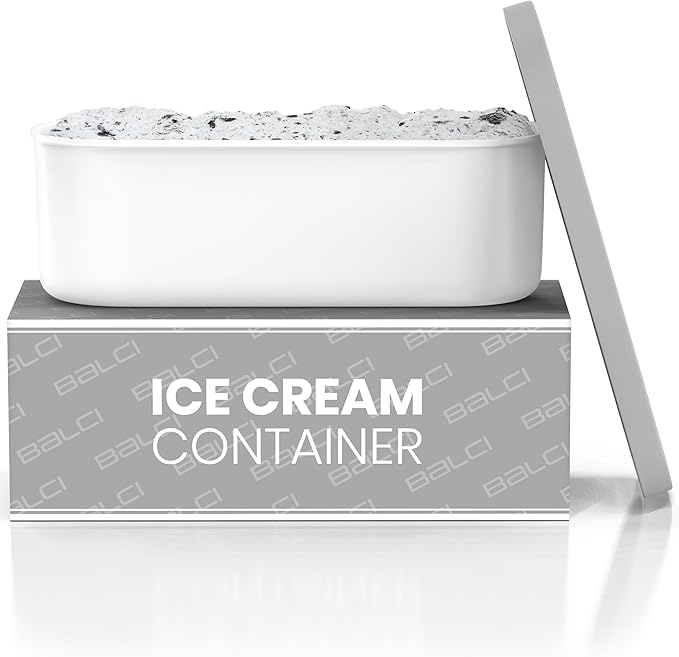 BALCI - Ice Cream Container - 2 Quart - Perfect Reusable Freezer Storage for Homemade Ice Cream Tubs for Sorbet, Frozen Yogurt and Gelato! - Flexible Silicone Lids, Long Scoop, Stackable - Grey