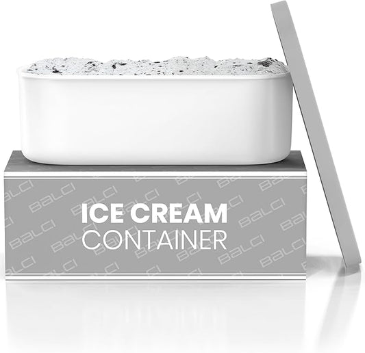 BALCI - Ice Cream Container - 2 Quart - Perfect Reusable Freezer Storage for Homemade Ice Cream Tubs for Sorbet, Frozen Yogurt and Gelato! - Flexible Silicone Lids, Long Scoop, Stackable - Grey