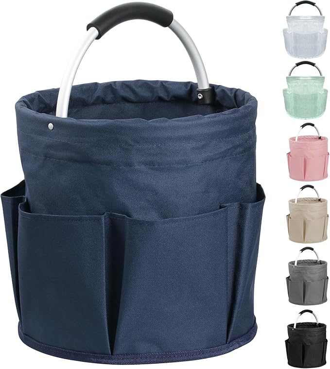 17L Cleaning Caddy with Handle, Portable Shower Caddy in 600D Oxford Fabric, Bucket Tool Organizer with 6 Side Pockets, Collapsible Storage Basket for Cleaning, Camping, Navy Blue-NeatNest