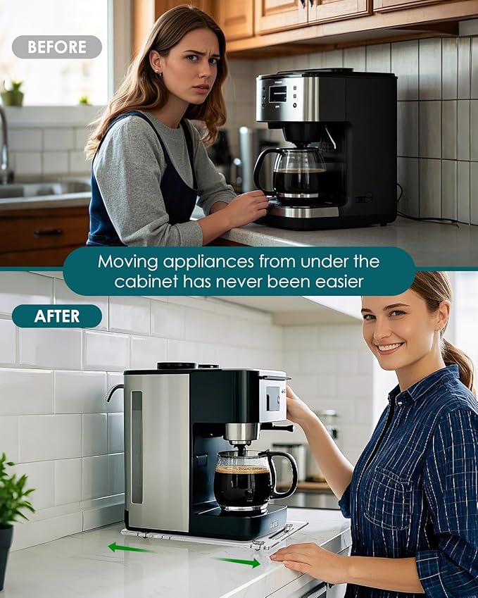 HAYVAN Acrylic Sliding Tray for Coffee Maker & Heavy Kitchen Appliances - Appliance Slider with Silent Wheels Slides Easily from Under The Cabinet - Easy to Clean (Clear, 9.8” W x 14”D)