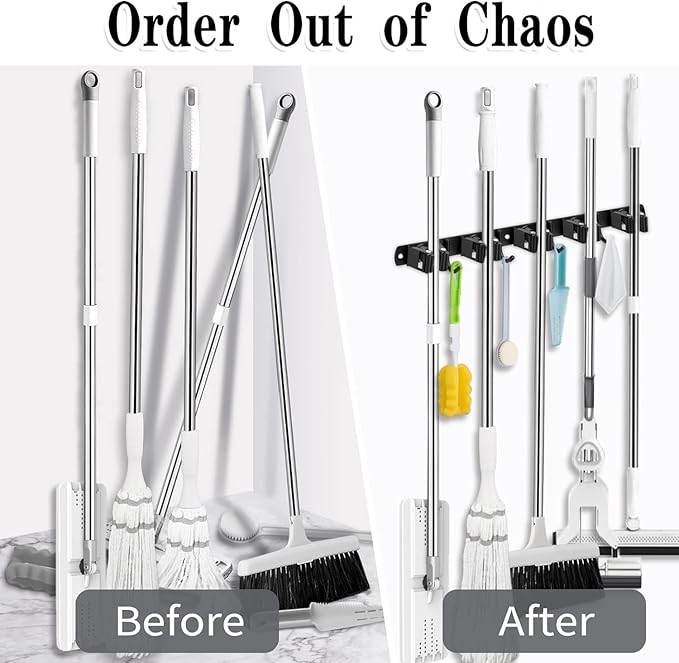 Black 5 Racks and 4 Hooks Mop and Broom Holder Wall Mount, Broom Organizer Storage Tool Racks Stainless Steel Heavy Duty Hooks Self Adhesive Solid Non-slip for Home Kitchen Garden Laundry Garage-NeatNest