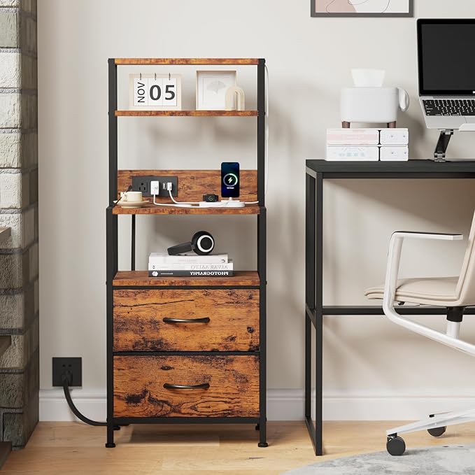 Furnulem Night Stand, Tall Nightstand with 4-Tier Shelves, 2 Fabric Drawers and Light Tube, Bed Side Tables with Charging Station, Bedside Table for Bedroom, Office, Rustic Brown