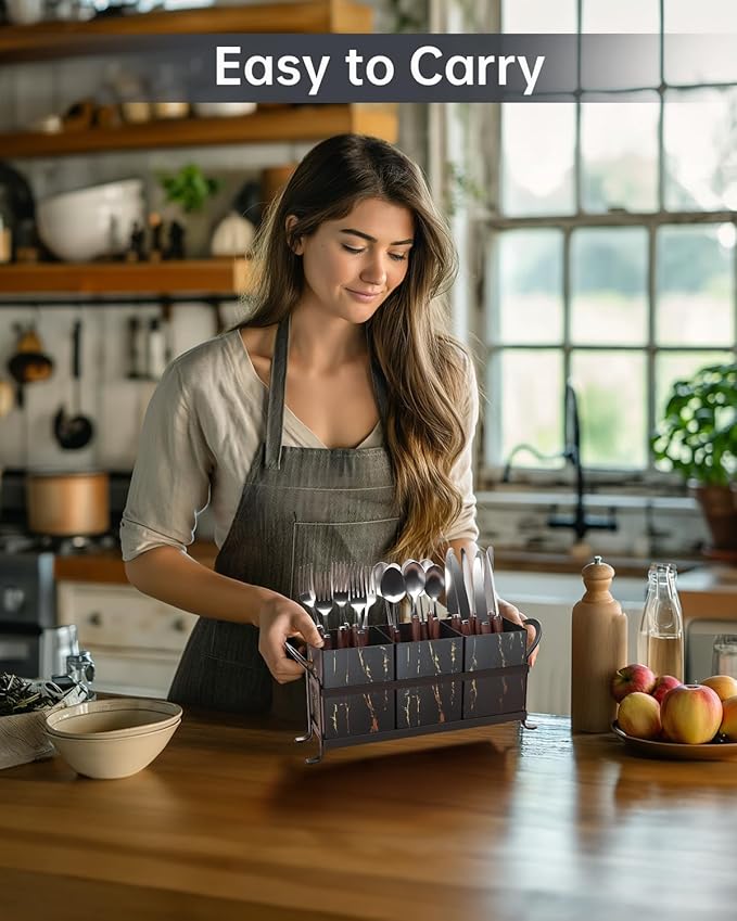 Classic Farmhouse Kitchen Organizer - Exquisite Black Gold Marble Metal Silverware Caddy, 3 Spacious Compartments, Ideal for Cutlery, Cooking Tools & More-NeatNest