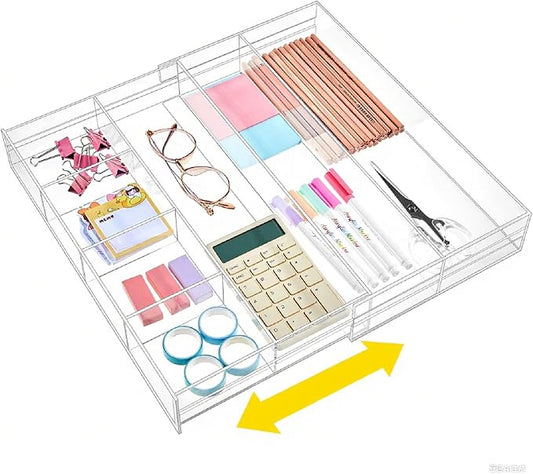 Acrylic Drawer Organizer Maximum 15.7 x 14.4 x 2.2 Inch Expandable Clear Drawer Organizer Pens Notebook Ruler Makeup Tray with 7 Adjustable Compartments for Desk Office Kitchen Bathroom