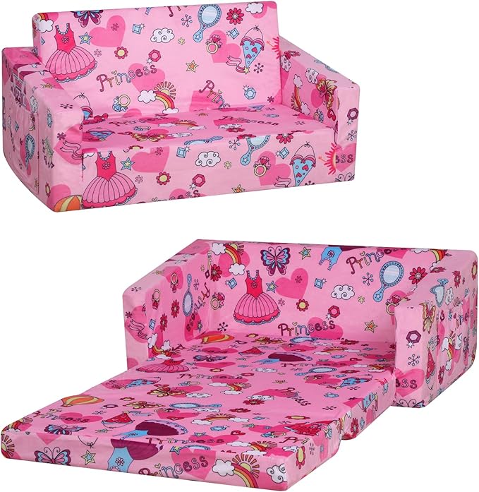 Foam Kid Sofa Couch, 2 in 1 Convertible Sofa to Bed for Baby,Velvet Toddler Sofa Chair with Side Pocket for Kid Playing (W29.92) (Pink)-NeatNest
