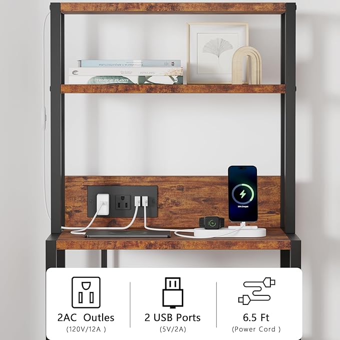 Furnulem Night Stand, Tall Nightstand with 4-Tier Shelves, 2 Fabric Drawers and Light Tube, Bed Side Tables with Charging Station, Bedside Table for Bedroom, Office, Rustic Brown