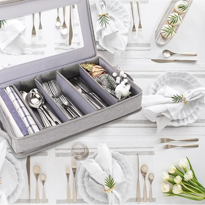 Joyfol Day Flatware Utensil Storage Case, Grey Silverware Storage Box Chest with Adjustable Dividers, Removable Cutlery Storage Holder with Zipper Lid for Organizing Spoon/Flatware/Knives-NeatNest
