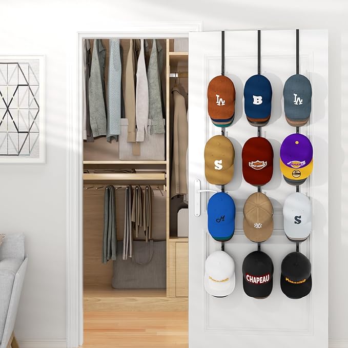 HapiRm Over Door Hat Rack - 3 Packs Hat Organizer with 12 Hooks Design, Hanging Baseball Cap Organizer Storage Holds Up to 60 Caps for Door, Bedroom, Closet (Black)-NeatNest