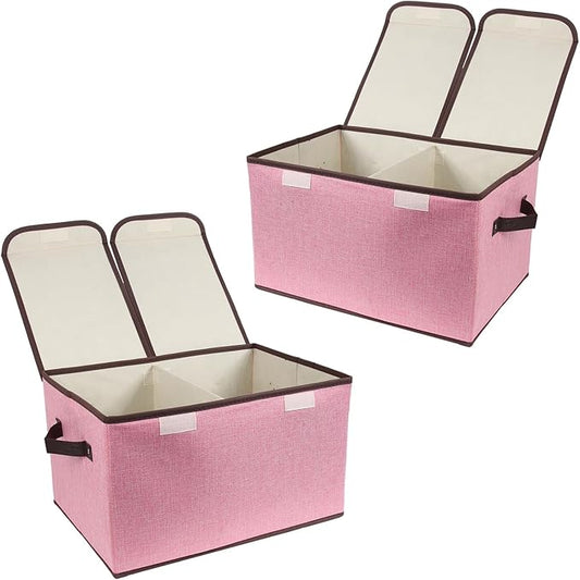 Foldable Fabric Storage Box with Double-Lid & Dividers, Large Organizer for Home, Closet, Office (Pink, 2 Packs)