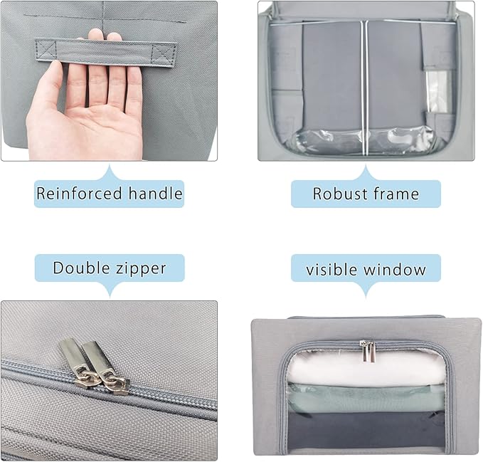 Clothes Storage Box Bins Stackable Foldable Organizer,Sturdy Handles with Metal Frame for Clothing Bedding Shelves,Closet Container with Clear Window Zipper and Label Holder (Gray, 22L x3 Pack)-NeatNest