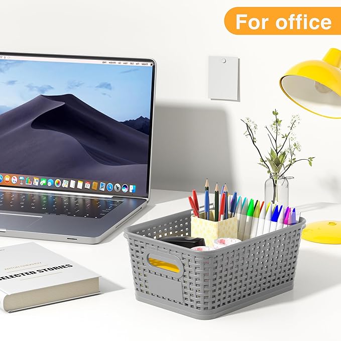 Gray Plastic Storage Baskets - Pack of 8 with Labels Stackable Durable Storage Bins, Storage Containers for Organizing Desks, Closets, Playrooms, Classrooms, Offices