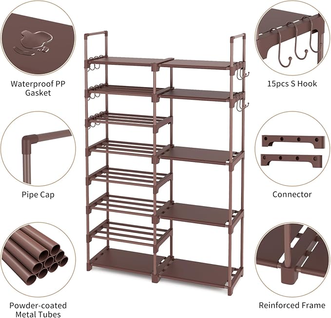 ROJASOP Shoe Rack Organizer, 8-Tier Metal Shoe Rack for Closet Entryway Garage, 26-32 Pairs Tall Shoe Boot Storage Shelf with 15 Hooks, Stackable Large Shoe Stand, Brown-NeatNest