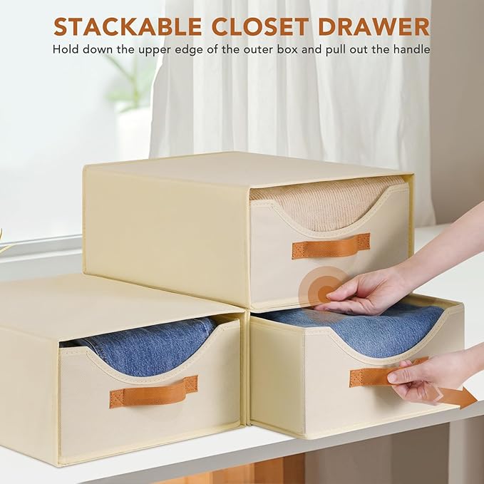 4 Pcs Closet Drawers and Large Size Clothes Storage Bins Push-Out Storage Stackable Shelf Drawers with See-Through Window Closet Organizers for Bedroom, Living Room, Under Bed, Beige-NeatNest