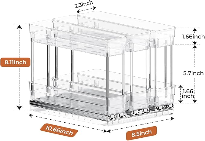 3 Packs Pull Out Spice Rack Organizer for Cabinet, Vertical Spice Rack Pull Out, Heavy Duty Slide Out Seasoning Organizer, 2.3" Wx10.35''Dx8.26''H, 3 Drawers 2 Tiers(Clear)